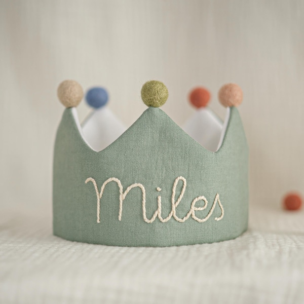 Hand Embroidered Linen Crown for Kids and Children's Birthdays, Personalized Gifts | Keepsake for First Birthday Party | Neutral Birthday