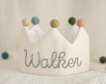 Hand Embroidered Linen Crown for Kids and Children's Birthdays, Personalized Gifts | Keepsake for First Birthday Party and Special Occasions