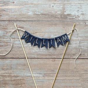 Handmade Birthday Name Linen Flag Pennant Cake Topper, Personalized Cake Topper, First Birthday Decor, Boys and Girls 1st Birthday Decor