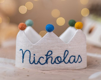 Hand Embroidered Linen Crown for Kids and Children's Birthdays, Personalized Gifts | Keepsake for First Birthday Party and Special Occasions