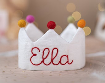 Hand Embroidered Linen Crown for Kids and Children's Birthdays, Personalized Gifts | Keepsake for First Birthday Party and Special Occasions