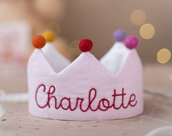 Hand Embroidered Linen Crown for Kids and Children's Birthdays, Personalized Gifts | Keepsake for First Birthday Party and Special Occasions