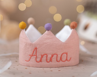 Hand Embroidered Linen Crown for Kids and Children's Birthdays, Personalized Gifts | Keepsake for First Birthday Party and Special Occasions