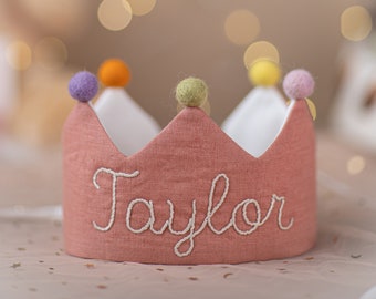 Hand Embroidered Linen Crown for Kids and Children's Birthdays, Personalized Gifts | Keepsake for First Birthday Party and Special Occasions