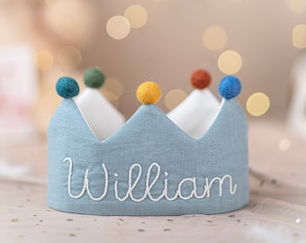 Hand Embroidered Linen Crown for Kids and Children's Birthdays, Personalized Gifts | Keepsake for First Birthday Party and Special Occasions