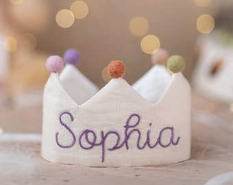 Hand Embroidered Linen Crown for Kids and Children's Birthdays, Personalized Gifts | Keepsake for First Birthday Party and Special Occasions