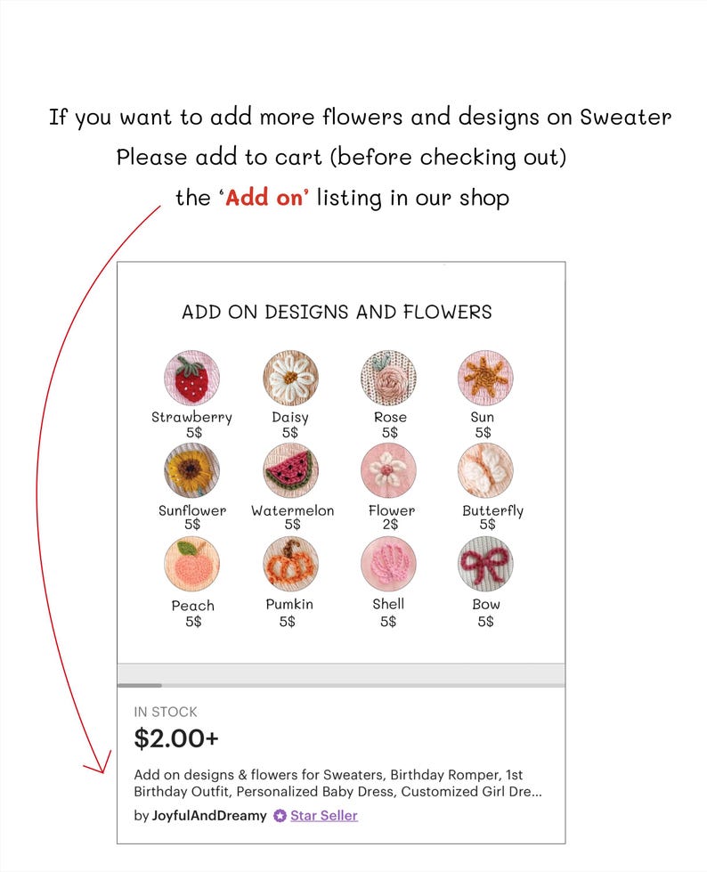May include: A chart with images of various embroidery designs for sweaters, birthday rompers, and baby dresses. The designs include a strawberry, daisy, rose, sun, sunflower, watermelon, flower, butterfly, peach, pumpkin, shell, and bow. The text "ADD ON DESIGNS AND FLOWERS" is at the top of the chart. Each design has a price of $5. The text "IN STOCK $2.00+ Add on designs & flowers for Sweaters, Birthday Romper, 1st Birthday Outfit, Personalized Baby Dress, Customized Girl Dre... by JoyfulAndDreamy Star Seller" is at the bottom of the chart.