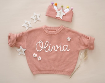Custom Name Hand Embroidered Sweater, First Birthday Sweater, Fall Winter Outfit, Custom Baby 1st Birthday, Personalized Boy and Girl Outfit