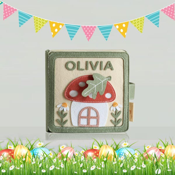 Personalized baby shower girl gifts, first birthday gift for baby, fairy garden mushroom felt book, custom handmade  activities play book