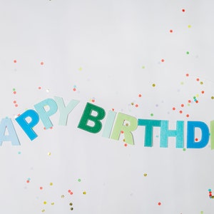 May include: A blue and green felt banner with the words "Happy Birthday" strung on white twine. The banner is surrounded by colorful confetti.