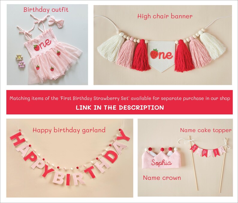 K&ouml;nnte beinhalten: Ein rosa-rotes Dekorationsset f&uuml;r eine erste Geburtstagsfeier mit Erdbeer-Motiv. Das Set beinhaltet eine Girlande, einen Kuchentopper, eine Krone und ein Outfit. Die Girlande sagt "happy birthday". Der Kuchentopper sagt "Sophia".