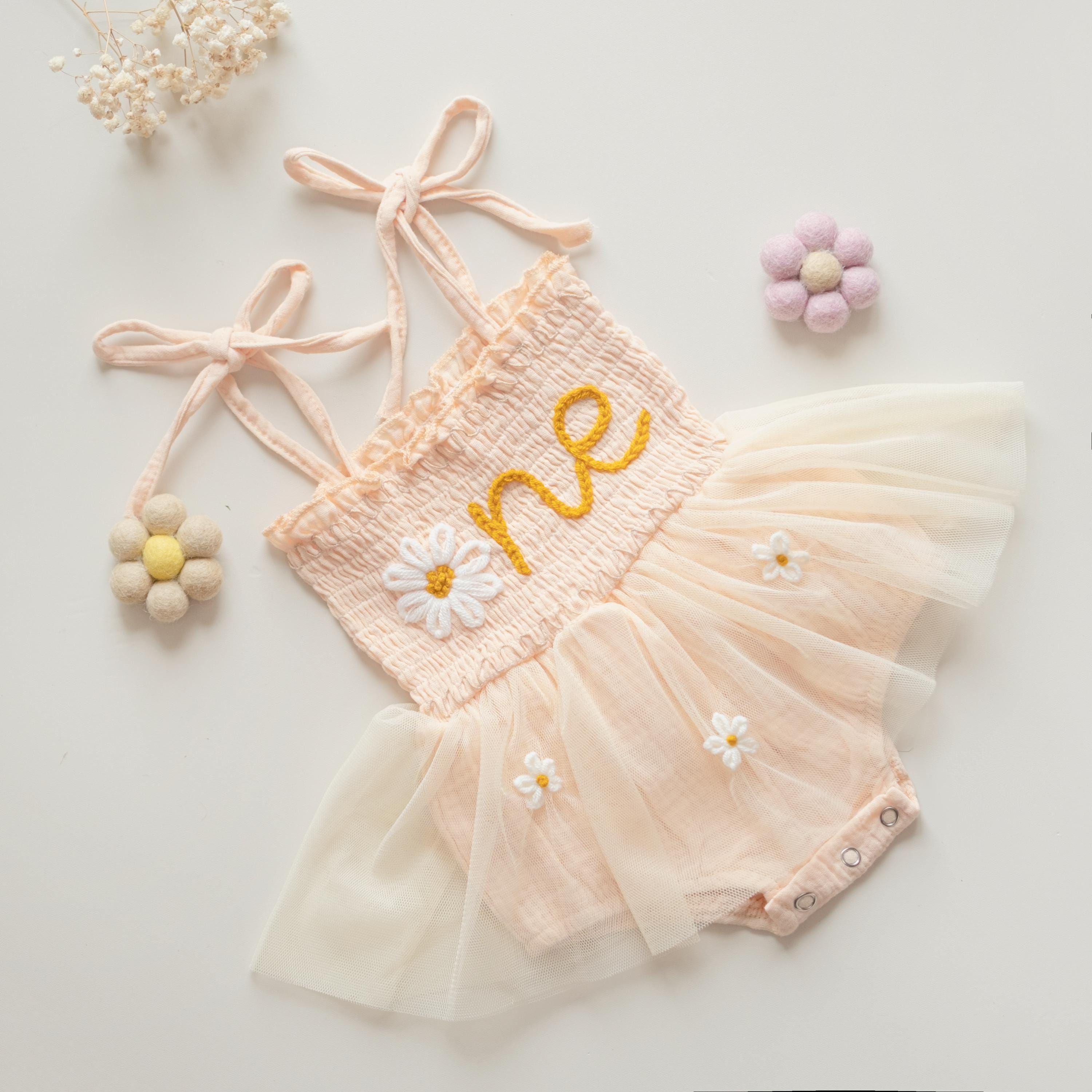 Daisy First Birthday Romper, 1st Birthday Outfit, Hand-embroidered 