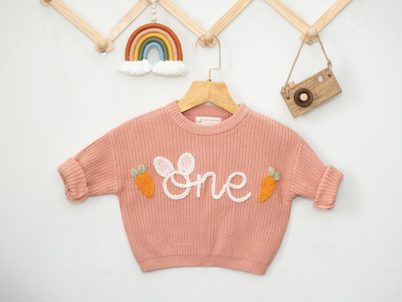 Easter Theme Hand Embroidered Sweater, First Birthday Custom Baby 1st Birthday Sweater, Personalized Boy and Girl Birthday Outfit