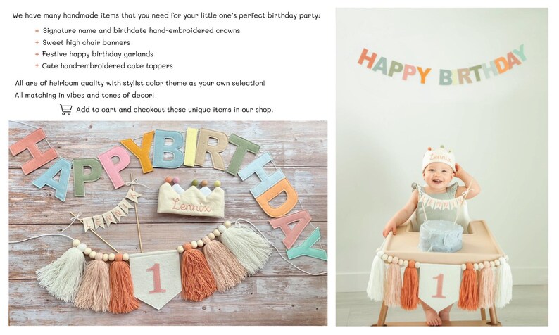 May include: A set of colorful felt banner letters spelling "HAPPY BIRTHDAY" with a matching felt crown and a banner with the number "1" and tassels. The banner is decorated with wooden beads and tassels.