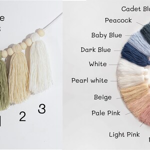 May include: A wooden banner with the number 1 on it, decorated with a string of wooden beads and tassels. The tassels are in three colors: white, cream, and green. The image also shows a color chart of 20 different colors of yarn for tassels, with the text "Tassels Colors".