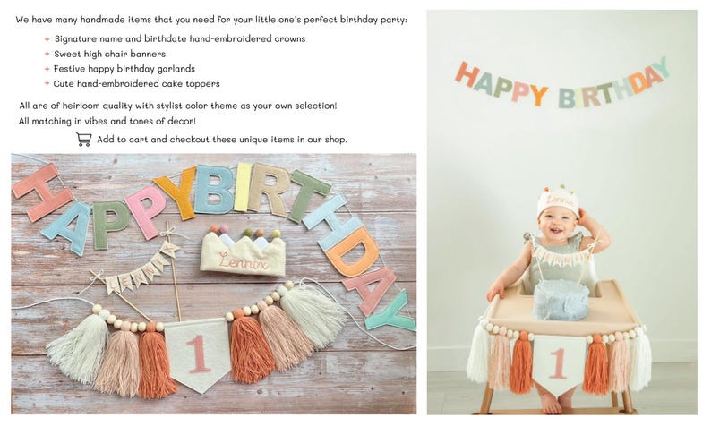 May include: A set of colorful felt banner letters spelling "HAPPY BIRTHDAY" with a matching felt crown and a banner with the number "1" and tassels. The banner is decorated with wooden beads and tassels.