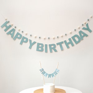 Pode incluir: Uma faixa de feltro azul com as palavras "Happy Birthday" enfiadas com pompons brancos e azuis. Uma faixa de feltro azul menor com a palavra "Liam" est&aacute; em cima de um bolo.