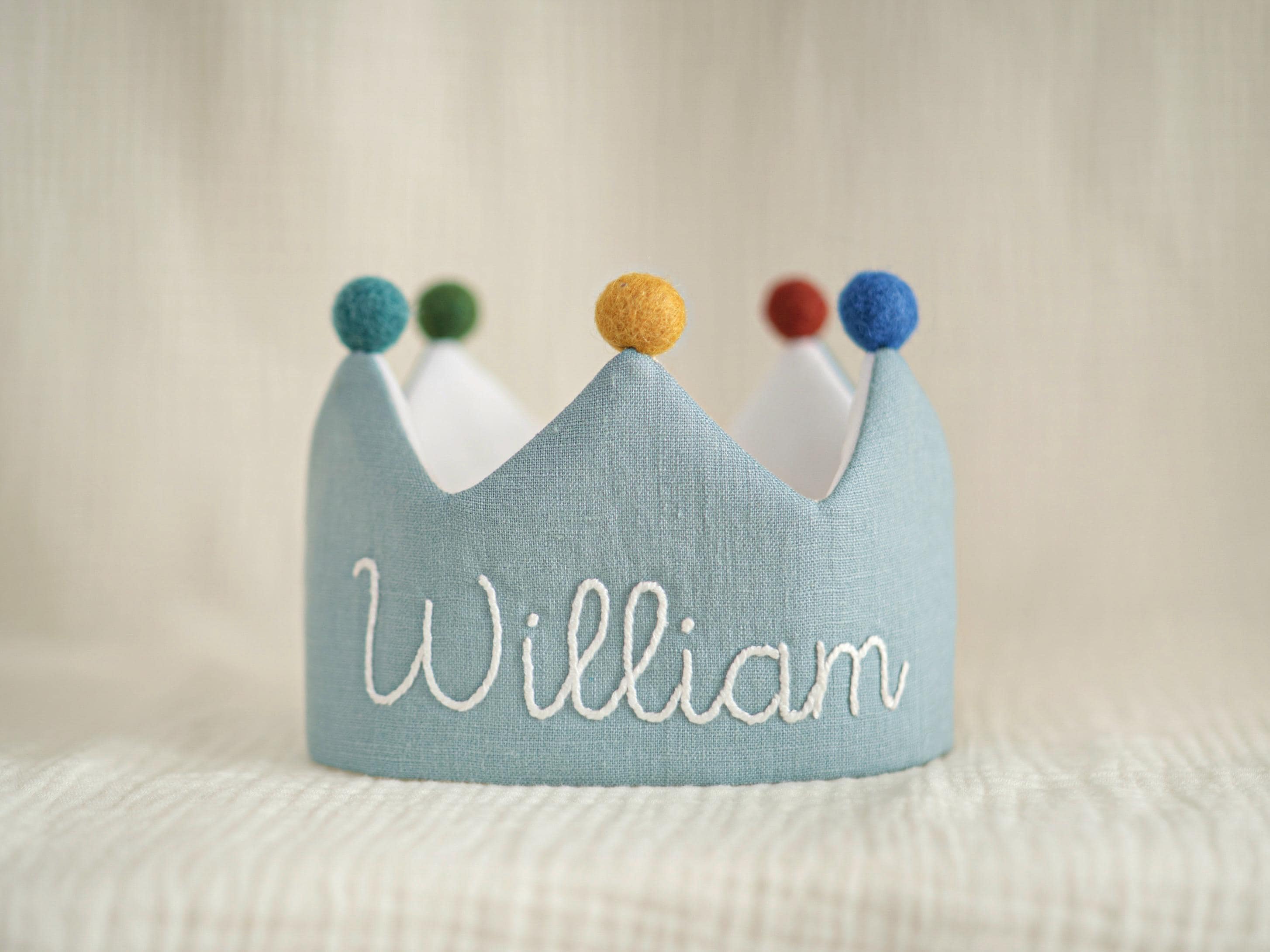 Hand Embroidered Linen Crown for Kids and Children's Birthdays, Personalized Gifts | Keepsake for First Birthday Party and Special Occasions