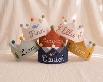 Added Original Designs - Hand Embroidered Linen Crown for Kids &Children's Birthdays, Personalized Gifts, Unique Custom Personalized Designs