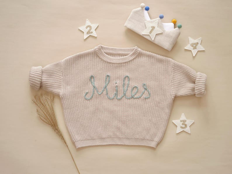 Hand Embroidered Kid Sweater, Knit Toddler Sweater, Custom Name Baby