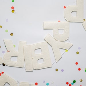 May include: White felt letters spelling out "Happy Birthday" on a white background with colorful confetti.