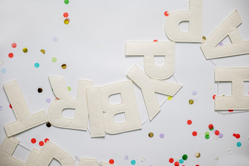 May include: White felt letters spelling out "Happy Birthday" on a white background with colorful confetti.