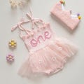 First Birthday Romper, 1st Birthday Outfit, Hand-embroidered One Romper, Personalized Baby Dress, Customized Baby Girl Dress, Gift for B-day product logo