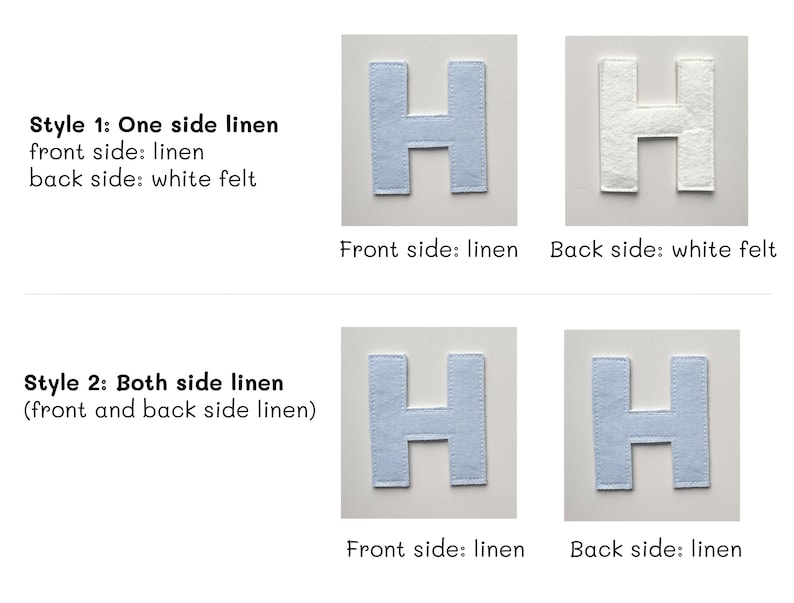 May include: Images of the letter "H" in two styles. Style 1 shows a light blue linen front with white felt back. Style 2 shows light blue linen on both sides. Text indicates front and back materials.