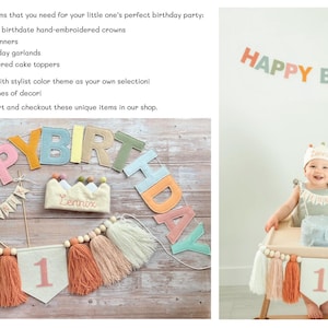 K&ouml;nnte beinhalten: Ein Set aus bunten Filz-Bannerbuchstaben, die "HAPPY BIRTHDAY" buchstabieren, mit einer passenden Filzkrone und einem Banner mit der Nummer "1" und Quasten. Das Banner ist mit Holzperlen und Quasten verziert.