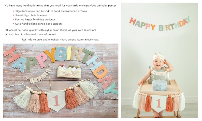 K&ouml;nnte beinhalten: Ein Set aus bunten Filz-Bannerbuchstaben, die "HAPPY BIRTHDAY" buchstabieren, mit einer passenden Filzkrone und einem Banner mit der Nummer "1" und Quasten. Das Banner ist mit Holzperlen und Quasten verziert.