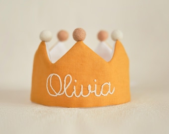 Daisy Theme First Birthday Crown, Hand Embroidered Linen Crown, Personalized Gifts | Keepsake for First Birthday Party and Special Occasions