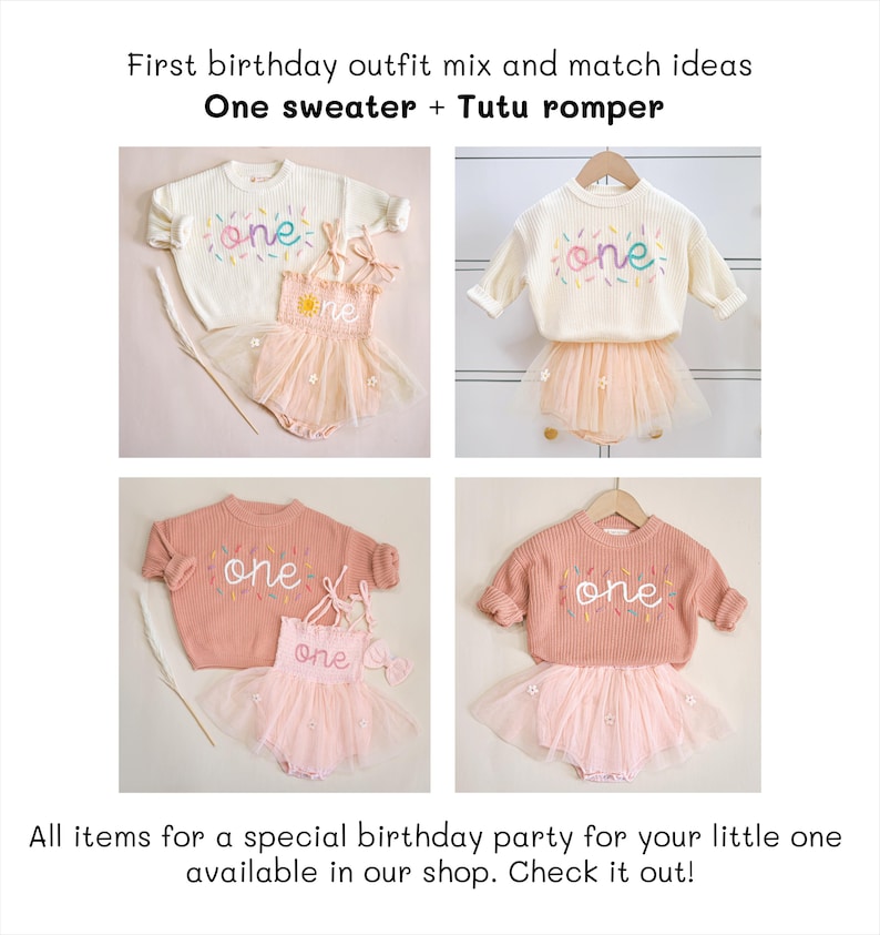 K&ouml;nnte beinhalten: Vier Bilder, die verschiedene Outfit-Kombinationen f&uuml;r einen ersten Geburtstag zeigen. Jedes Outfit beinhaltet einen rosa oder wei&szlig;en Pullover mit dem gestickten Wort "one" und einen rosa T&uuml;ll-Tutu-Strampler. Die Pullover haben unterschiedliche Stick-Stile.