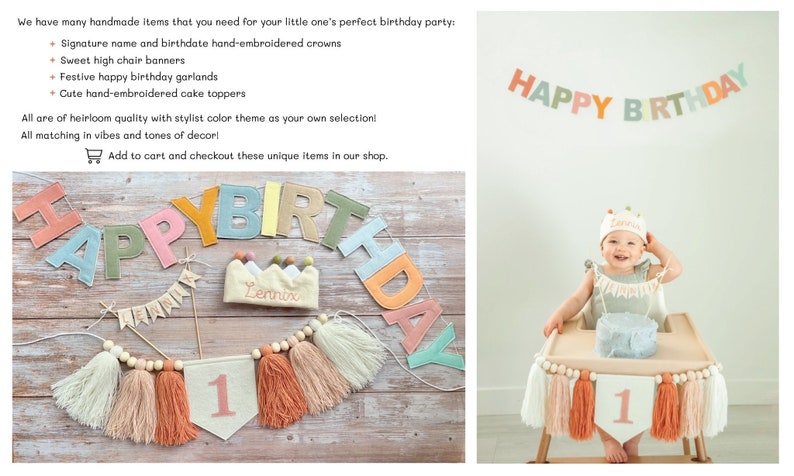 May include: A set of handmade felt birthday decorations in pastel colors. The set includes a banner that says "HAPPY BIRTHDAY", a crown with the name "Lennox" embroidered on it, a garland with tassels, and a banner with the number "1" on it.
