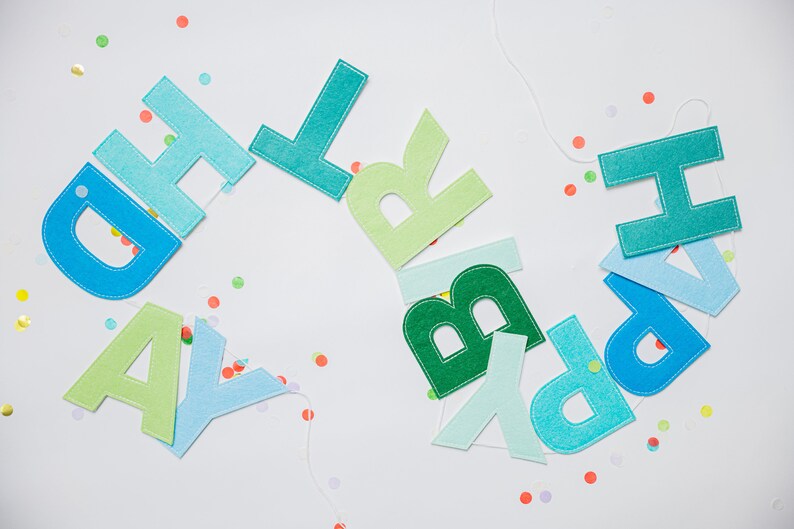 May include: A felt banner with the words "Happy Birthday" in blue, green, and light blue letters. The letters are strung together with white string and are scattered on a white background with confetti.