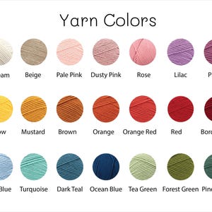 May include: A chart showing 20 different yarn colors, with the name of each color listed below the corresponding yarn ball.
