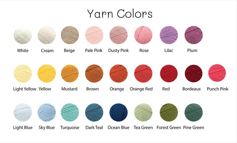 May include: A chart showing 20 different yarn colors, with the name of each color listed below the corresponding yarn ball.