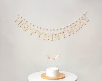 Birthday Linen & Felt Garland, Happy Birthday Banner, Party Garland, Birthday Decor, Party Decor, Sustainable Birthday, Neutral Color
