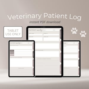Könnte beinhalten: Drei digitale Tablet-Bildschirme, die ein druckbares Veterinär-Patientenprotokollformular anzeigen. Das Formular enthält Abschnitte für Patienteninformationen, Behandlung und Pflege. Der Text auf dem Bildschirm lautet "PATIENT case log".