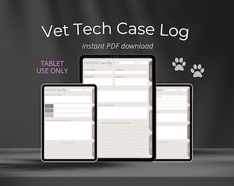 May include: Digital Vet Tech Case Log displayed on three tablets. The text "Vet Tech Case Log" and "instant PDF download" are visible. The phrase "TABLET USE ONLY" is also displayed. Paw prints are in the upper right corner.