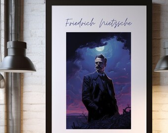 Friedrich Nietzsche poster, dark retrowave poster, cartoon poster