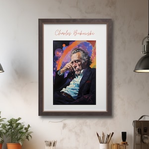 Charles Bukowski poster, digital art, dark retrowave poster, cartoon poster