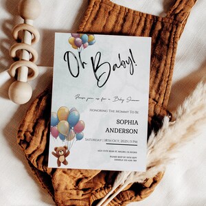 Teddy Bear with Balloons Baby Shower Invite | Gender Neutral & Editable Balloons Baby Shower Invitation Template | Colorful Balloons