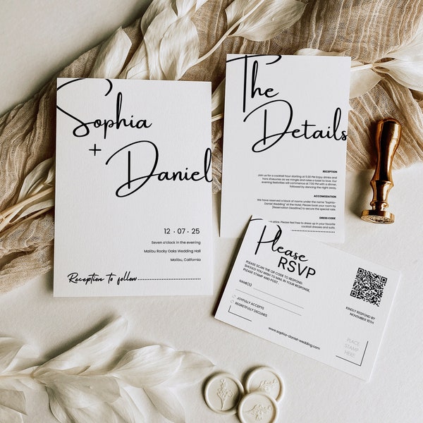 Modèle d'invitation de mariage minimaliste | Modèle de suite d'invitations de mariage modifiable et imprimable | Modèle de élégante suite de papeterie de mariage, WT5