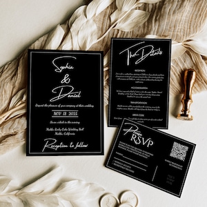 Plantilla de invitación de boda en negro / Plantilla de invitación de boda editable e imprimible / Conjunto de invitación de boda en blanco y negro Canva, WT2