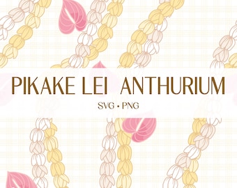 May include: A seamless pattern featuring white and yellow pikake lei with pink anthurium flowers. The text "PIKAKE LEI ANTHURIUM SVG. PNG" is displayed in the center of the image.