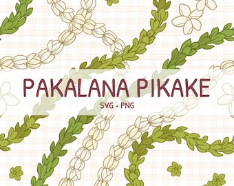 May include: A digital illustration of a repeating pattern of white pikake flowers and green leaves on a white and beige checkered background. The text "PAKALANA PIKAKE" and "SVG - PNG" is in the center of the image.