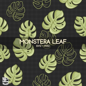 May include: A seamless pattern featuring green monstera leaves on a black background. The leaves are outlined in black and have a textured appearance. The text "MONSTERA LEAF SVG PNG" is centred at the bottom of the image.