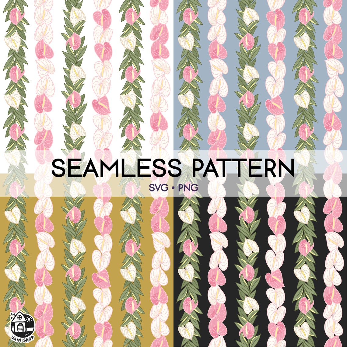 Seamless Pattern Maile & Anthurium Lei | Vertical Floral Lei Png ...