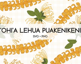 Puede incluir: Una ilustración digital de una flor amarilla con hojas verdes, repetida en un patrón. El texto 'Ohi'a Lehua Puakenikeni' está escrito en negro en la parte superior de la imagen. El texto 'SVG. PNG' está escrito en negro debajo del texto 'Ohi'a Lehua Puakenikeni'.