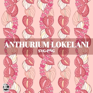 Puede incluir: Un patrón sin costuras con flores de anturio rosas y blancas. El patrón se titula "Anthurium Lokelani SVG-PNG".